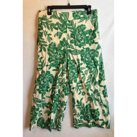 Christian Siriano Pants - Christian Siriano Linen Blend Floral Wide Leg Pants Green Cream Medium